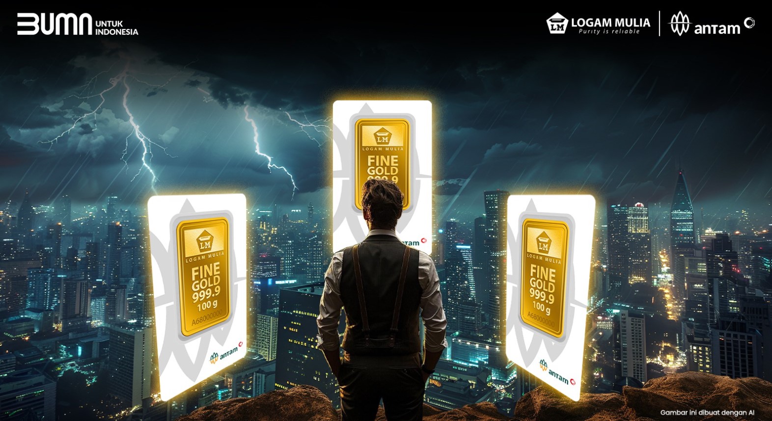 <p>ilustrasi seorang investor memandang deretan emas Antam di tengah kilau kota, menggambarkan tingginya minat masyarakat terhadap logam mulia Antam sebagai pilihan utama investasi emas di Indonesia.Foto: Dok. logammulia.com</p>

