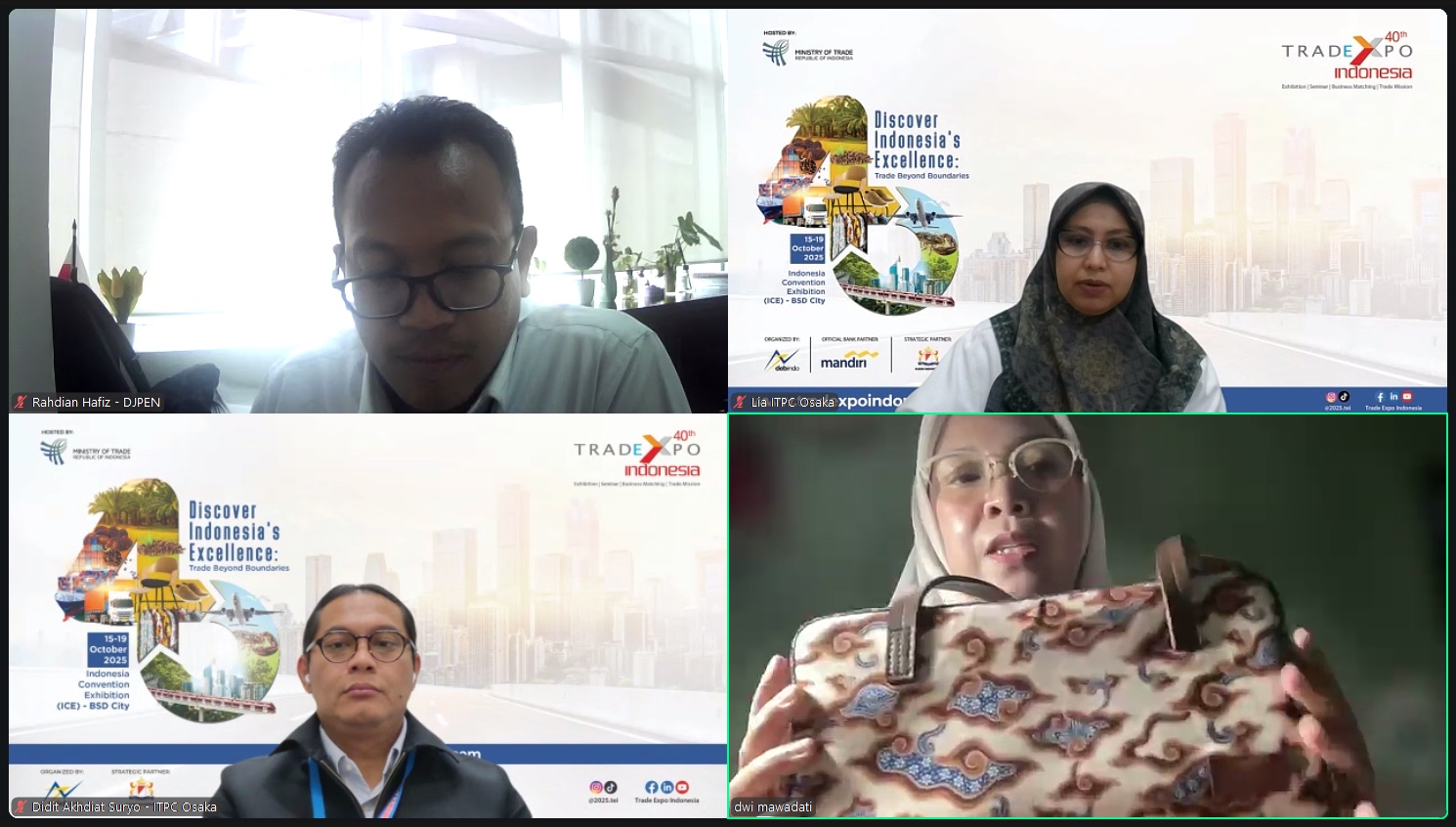 <p>Kemendag menggelar sesi pitching dengan tiga pelaku UMKM sociopreneur ekspor yang memberdayakan penyandang disabilitas  secara virtual pada 26-29 September 2025. Acara pitching dihadiri empat perwakilan perdagangan (perwadag) RI di luar negeri. (Dok. Kemendag)</p>
