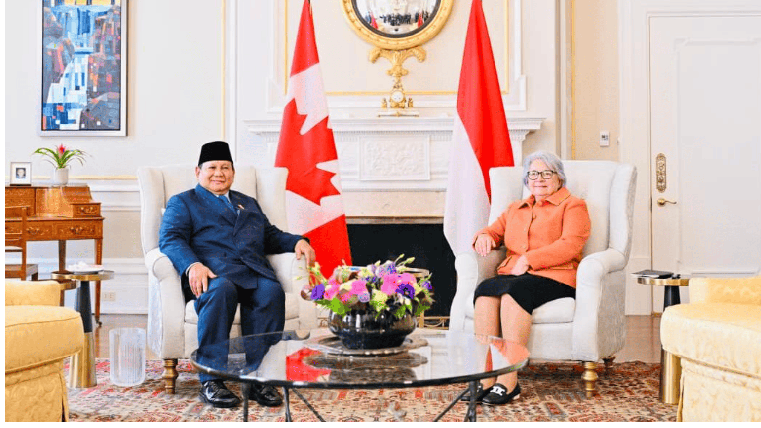 <p>Presiden Republik Indonesia, Prabowo Subianto, melakukan pertemuan bilateral dengan Gubernur Jenderal Kanada, Mary Simon, di Rideau Hall, Ottawa, pada Rabu, 24 September 2025 waktu setempat. (Dok. BPMI Setpres/Laily Rachev)</p>
