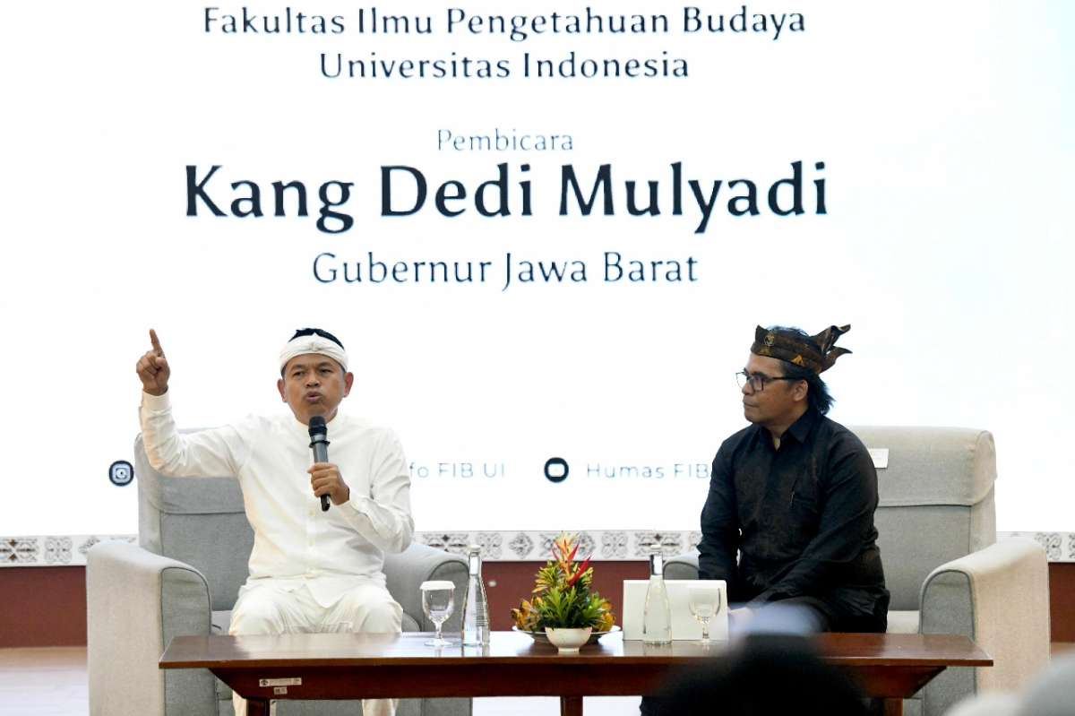 <p>Dedi Mulyadi saat menjadi pembicara dalam Kuliah Umum Fakultas Ilmu Pengetahuan Budaya (FIB) Universitas Indonesia, di Auditorium Gedung IX FIB UI, Kota Depok, Jawa Barat, pada Selasa, 27 Mei 2025. (Dok.Pemprov Jabar)</p>
