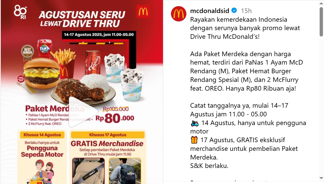 <p>Ilustrasi promo HUT RI mcd. Simak daftar promo selama bulan kemerdekaan atau HUT RI ke-80 dari diskon MCD, PLN, KAI, hingga promo Agustusan lainnya! Foto: @mcdonaldsid</p>
