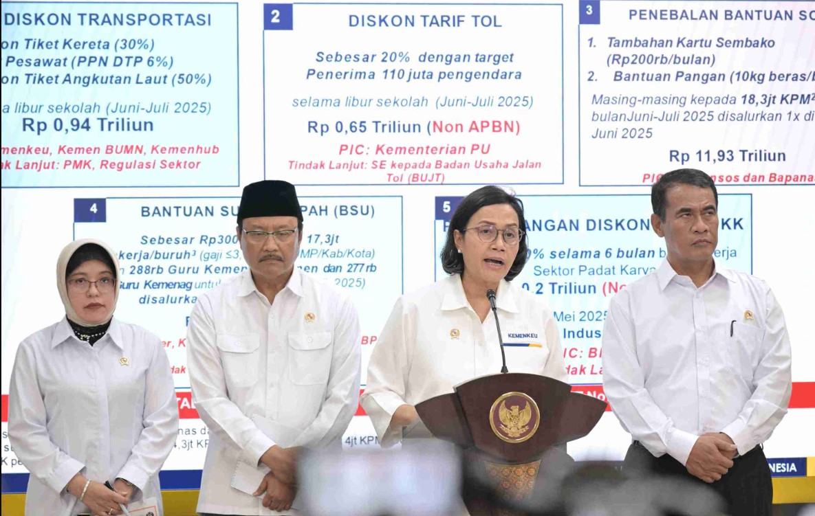 <p>Ilustrasi, Menteri Keuangan Sri Mulyani bersama jajaran kabinet memaparkan detail program stimulus ekonomi senilai Rp24,4 triliun, termasuk bonus bantuan sosial bagi KPM BPNT dan PKH berupa uang tunai Rp400 ribu serta beras 20 kg yang dicairkan bertahap mulai Juni 2025. Foto: Dok. kemensos.go.id</p>
