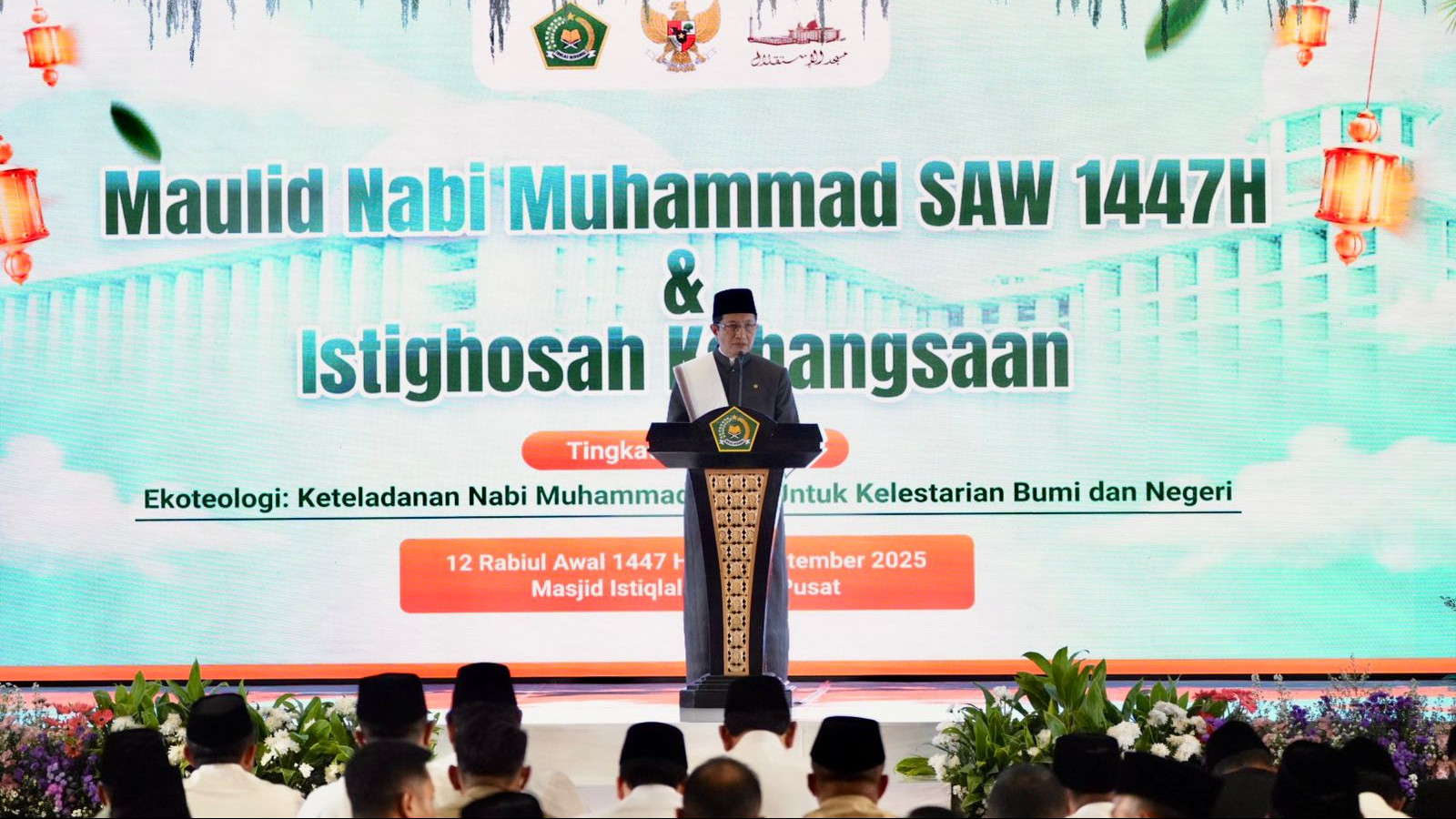 <p>Menteri Agama Nasaruddin Umar menghadiri Peringatan Maulid Nabi Muhammad SAW 1447 Hijriah sekaligus Istighosah Kebangsaan di Masjid Istiqlal, Jakarta, Kamis, 4 September 2025.  (Dok. Kemenag)</p>
