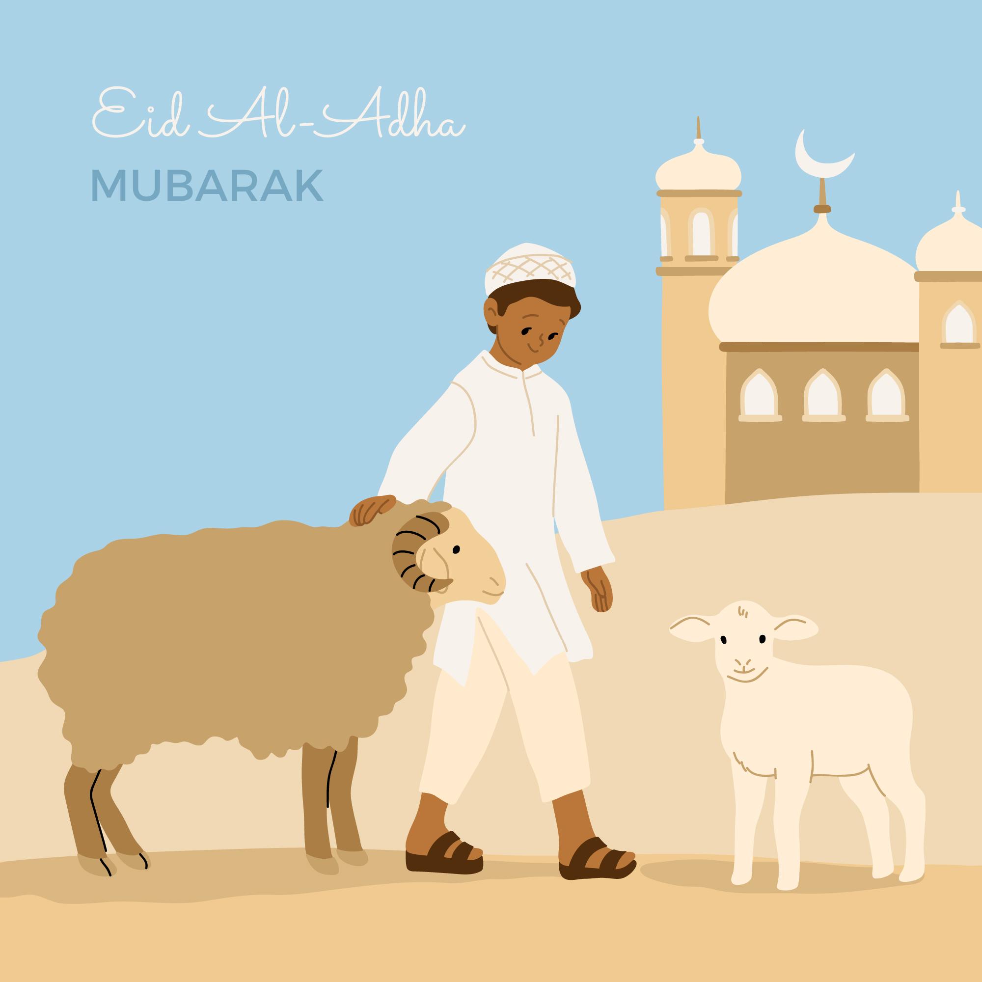 <p>Ilustrasi seorang muslim mengenakan pakaian putih berdiri bersama dua ekor domba di depan masjid, niat mulia berkurban untuk orang tua yang telah wafat, pahala kurban yang tetap mengalir kepada keluarga tercinta yang telah meninggal dunia. Foto: freepik.com</p>
