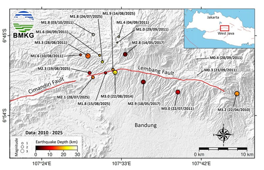 <p>Peta menunjukkan patahan Sesar Lembang yang mengalami peningkatan aktivitas seismic. (Foto: BMKG).</p>
