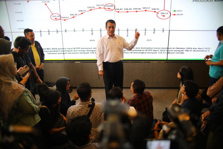 <p>Mentan Amran saat konferensi pers di Kantor Pusat Kementerian Pertanian (Kementan), Jakarta Selatan, terkait data anomali di Pasar Induk Beras Cipinang, Selasa 3 Juni 2025. (Dok. Kementan)</p>
