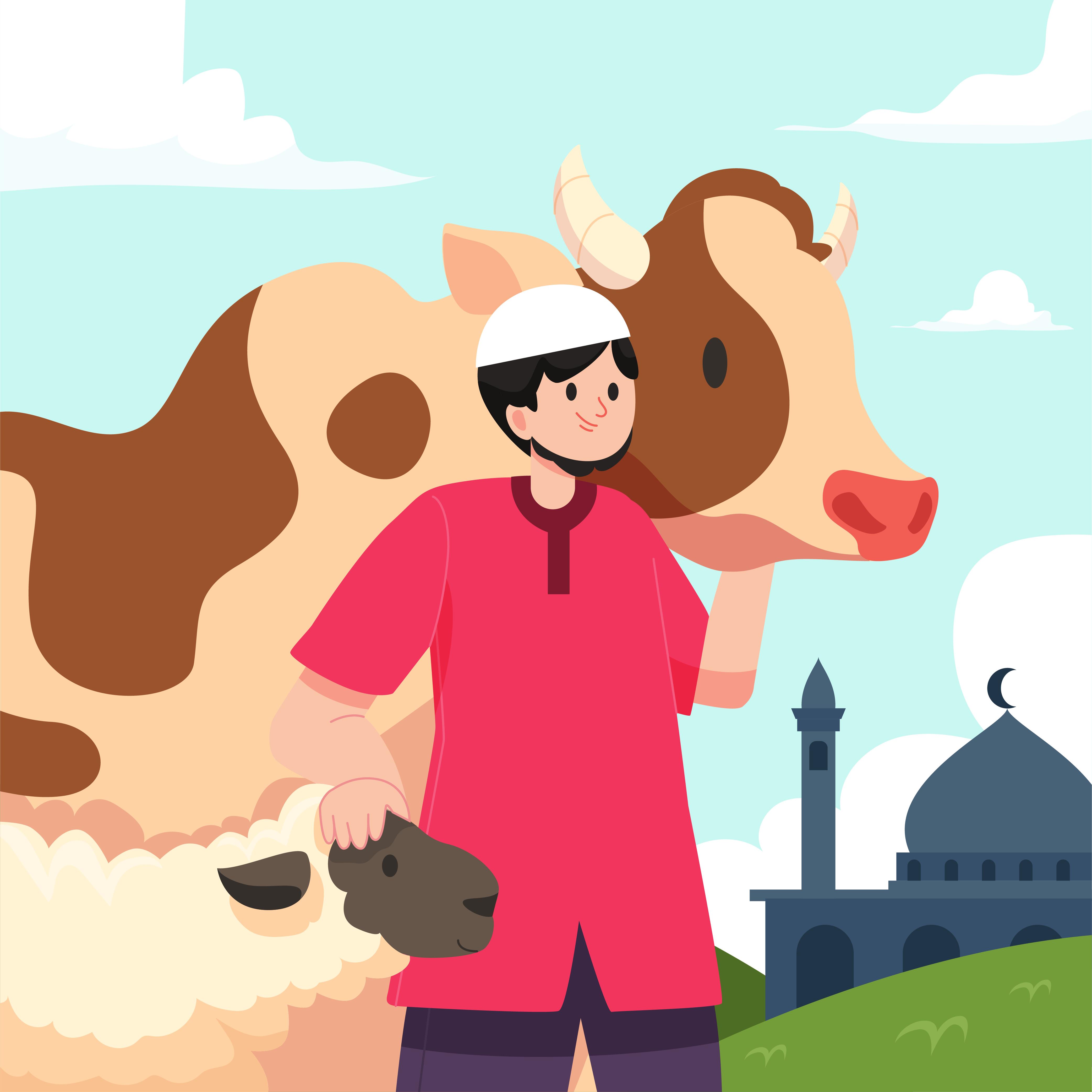 <p>Ilustrasi umat Islam memilih hewan kurban sapi dan domba yang sehat dan layak, sesuai syariat, menjelang Iduladha di lingkungan masjid. Foto: freepik.com</p>
