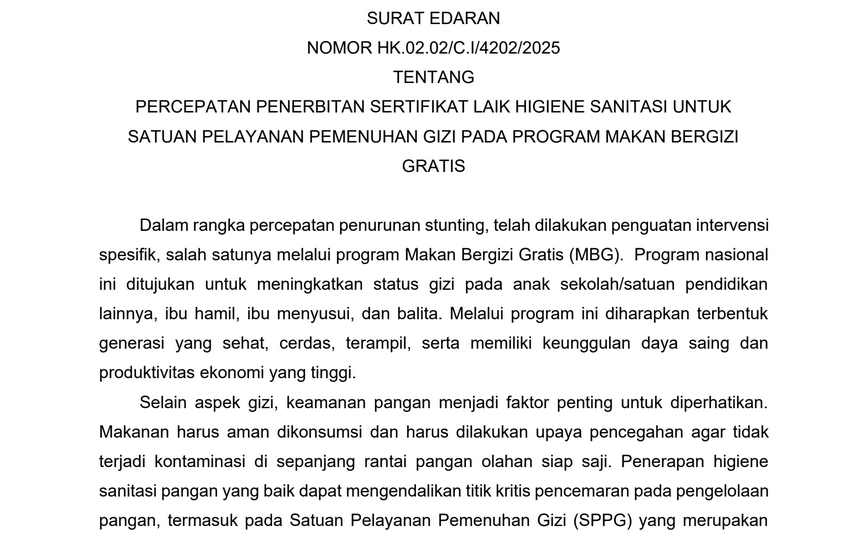 <p>Surat Edaran (SE) Nomor HK.02.02/C.I/4202/2025 ditandatangani pada 1 Oktober 2025. (Dok. Kemensetneg) </p>
