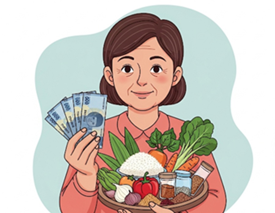 <p>Ilustrasi perempuan menunjukkan uang rupiah dan bahan pangan. Simak cara cek bansos BPNT tahap 2 Mei 2025 cair Rp600 ribu. (Foto: Gemini/AI).</p>
