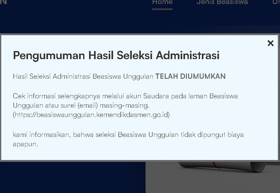 <p>Informasi hasil seleksi administrasi Beasiswa Unggulan 2025. (Foto: Kemendikdasmen).</p>
