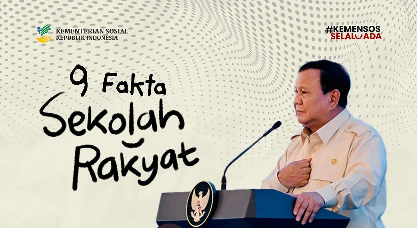 <p>Ilustrasi Prabowo Subianto berdiri di podium, latar belakang bertuliskan “9 Fakta Sekolah Rakyat” dengan logo Kementerian Sosial., mencerminkan komitmen pemerintah dalam menghadirkan pendidikan untuk rakyat kecil. Foto: Instagram.com/kemensosri</p>
